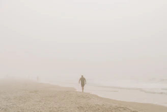 A minimalist frame of a lone figure walking along a foggy shoreline with soft, diffused light.