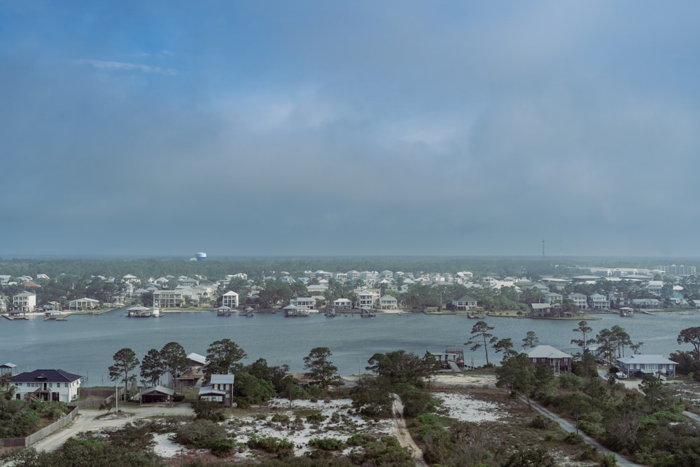 a view of a body of water with a city in the background