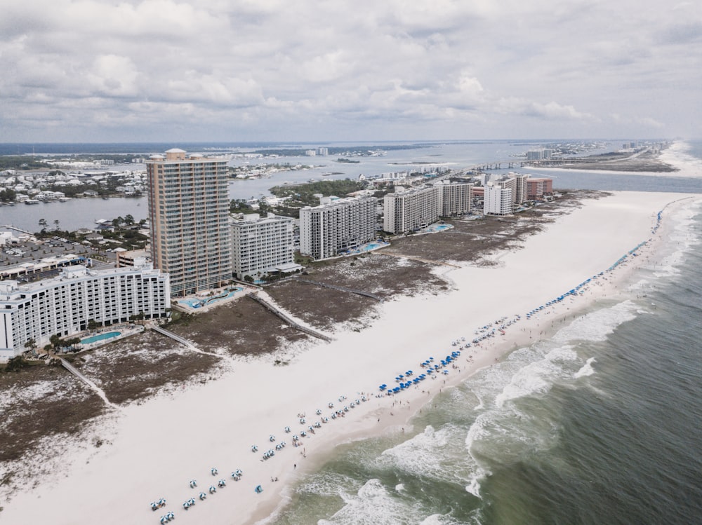 an aerial view of a beach and a city