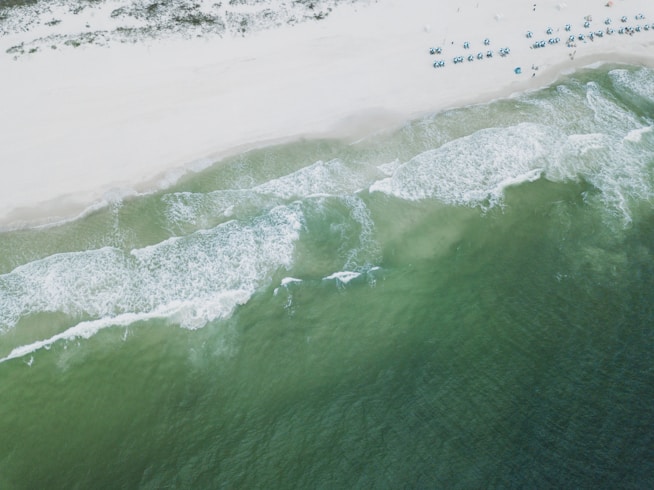 an aerial view of a beach and ocean