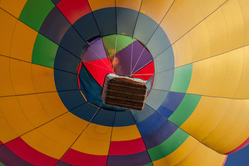 Close-up of a vibrant hot air balloon basket ready for takeoff