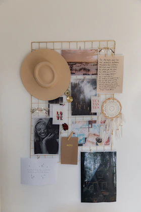 A creative mood board featuring fashion trends, business strategy notes, and wedding inspirations.