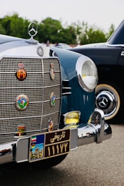 A vintage Mercedes-Benz car with a prominently displayed front grille adorned with various decorative badges. The car has a classic design with chrome accents and a recognizable emblem on the hood. The license plate features both Persian script and imagery, set against a backdrop of trees.
