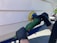 A person wearing black gloves uses a green power tool with a yellow and blue buffing pad to polish the white surface of a boat. The setting appears to be outdoors, likely in a boatyard, with a parked car visible in the background.