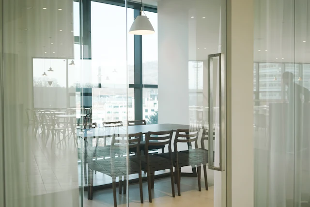 Sheer Curtain Glass Room — commercial glass partition interior design