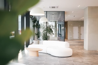 a white couch sitting in a living room next to a plant