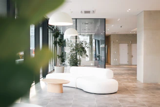 a white couch sitting in a living room next to a plant