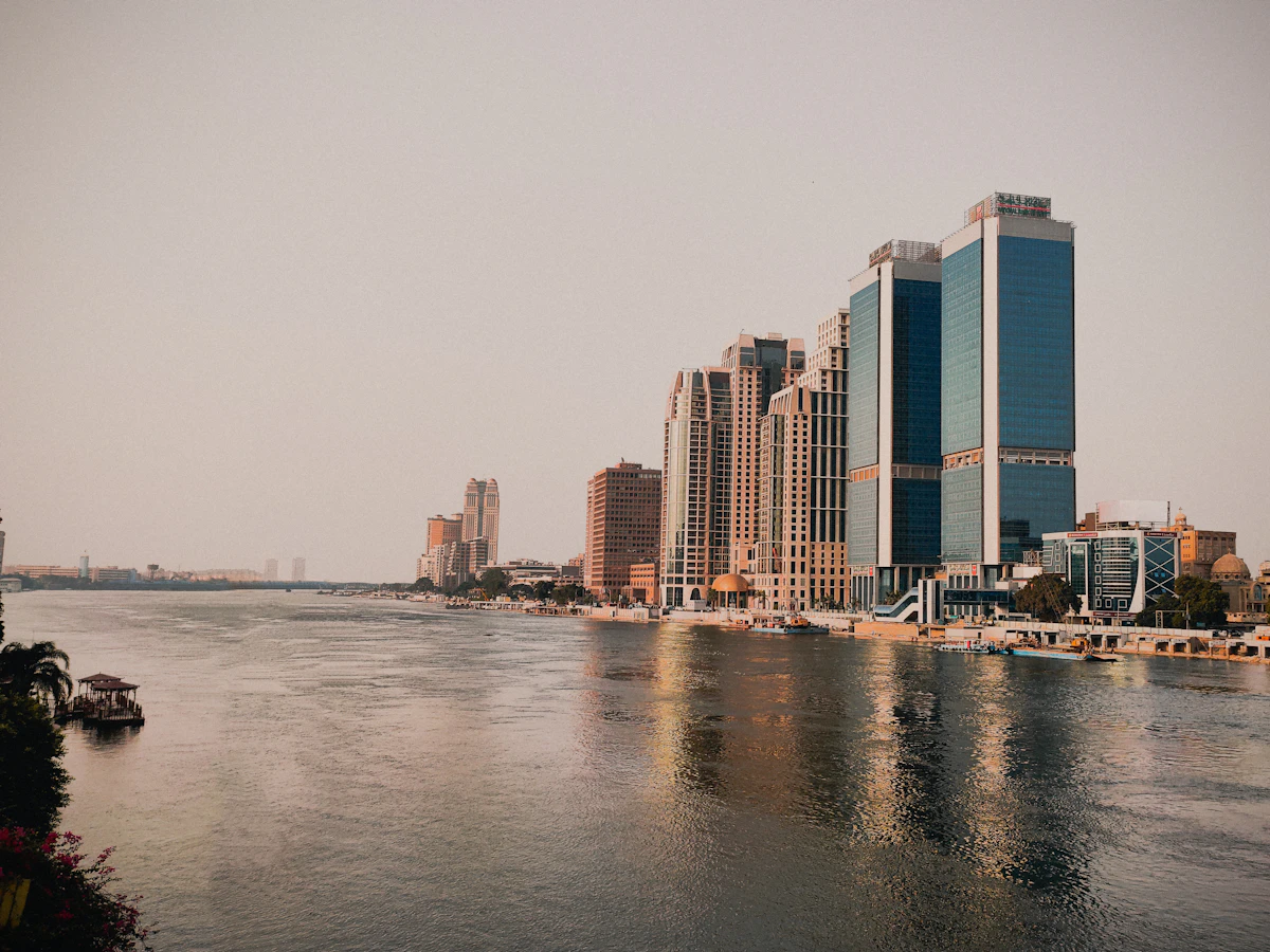 The Nile river and Cairo skyline at dusk