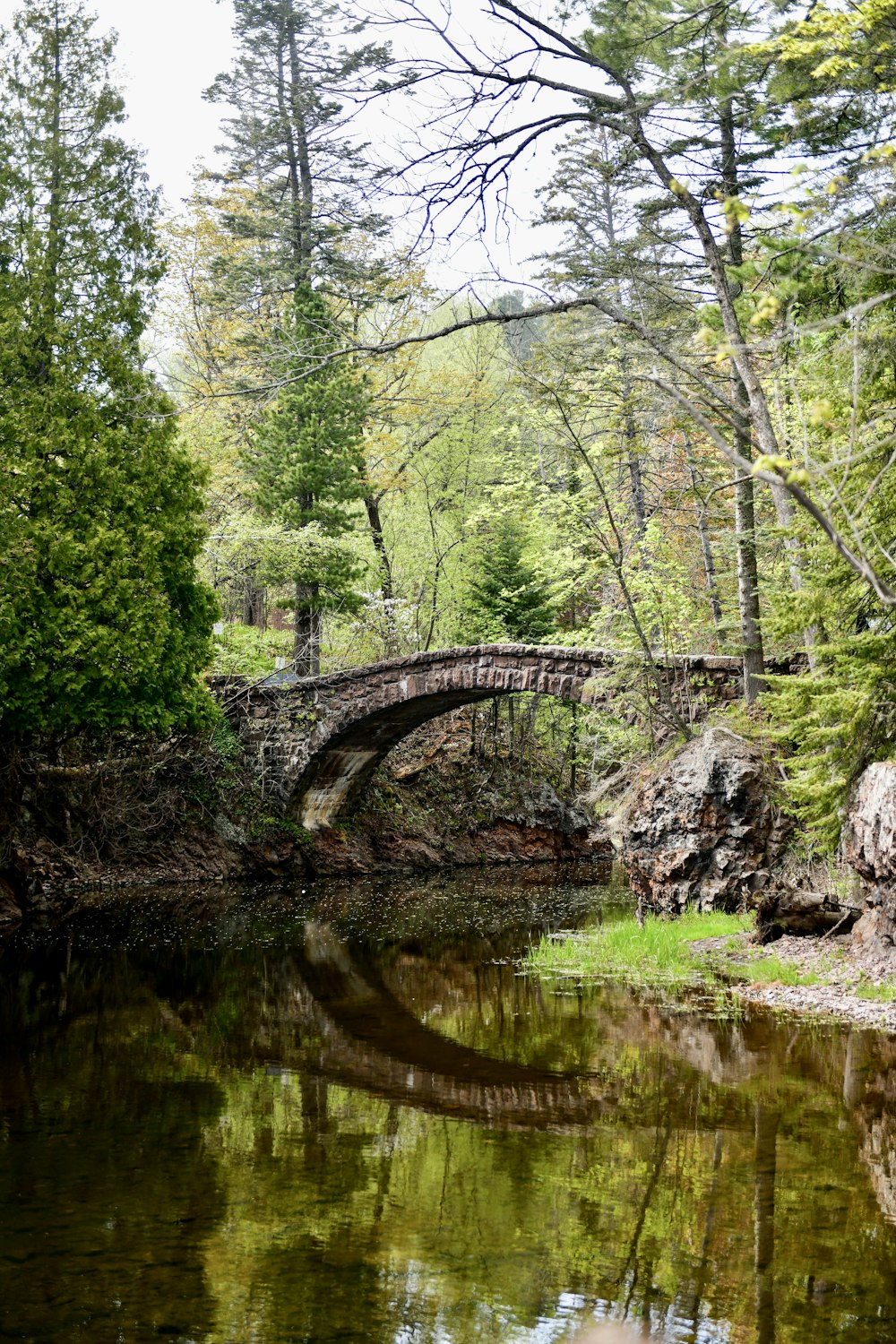 a stone bridge over a river surrounded by trees