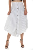 A person is wearing a vertically striped, button-down skirt with a black top. The skirt is white with black stripes and features several buttons down the front. The person is also wearing black high-heeled sandals.