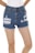 Blue denim shorts with frayed edges and distressed detailing. A white shirt is partially visible at the top, and bare legs are prominent in the image.