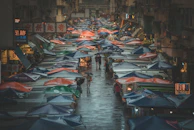 A lively street market bustling with local culture and colorful stalls.