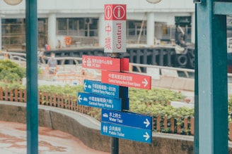 A colorful signpost with multiple directional signs in both English and Chinese points towards various destinations including IFC Mall, Central Harbourfront Event Space, Central Ferry Piers 1-6, Water Taxi, and Public Toilet. There is greenery and a wooden fence in the background, with a blurred view of a waterfront area.