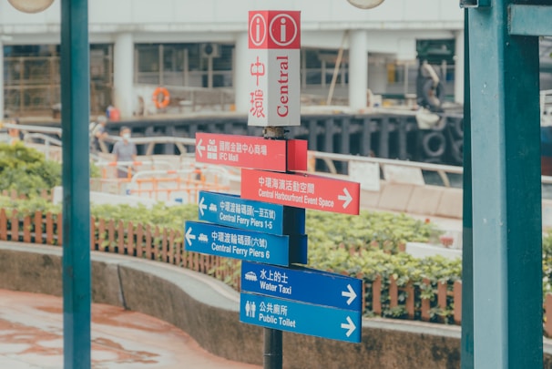 A colorful signpost with multiple directional signs in both English and Chinese points towards various destinations including IFC Mall, Central Harbourfront Event Space, Central Ferry Piers 1-6, Water Taxi, and Public Toilet. There is greenery and a wooden fence in the background, with a blurred view of a waterfront area.