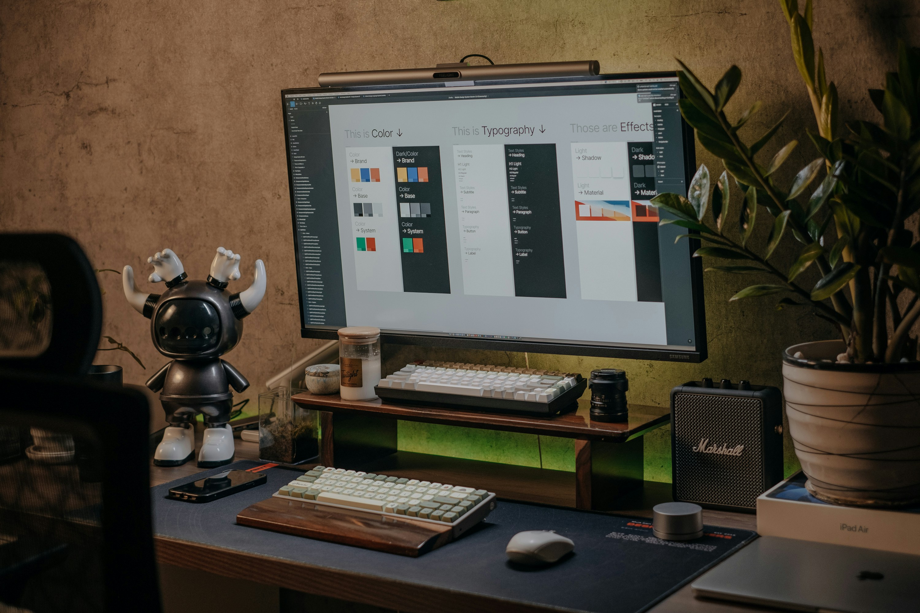 Home office with laptop and ambient lighting