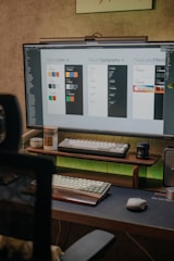 A workspace with a computer monitor displaying design elements labeled as color, typography, and effects. Below the monitor are two mechanical keyboards on a dual-tiered wooden stand, alongside a mouse and a candle. The room has a neutral tone with a touch of green ambient lighting.