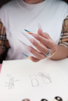 A hand with long, pointed nails, featuring a rainbow-colored design on two of the nails. The person is wearing a white shirt with a patterned sleeve visible. The hand displays a decorative ring with multiple gemstones. Below the hand is a sheet of paper with sketches or diagrams, suggesting a creative or design-oriented context.