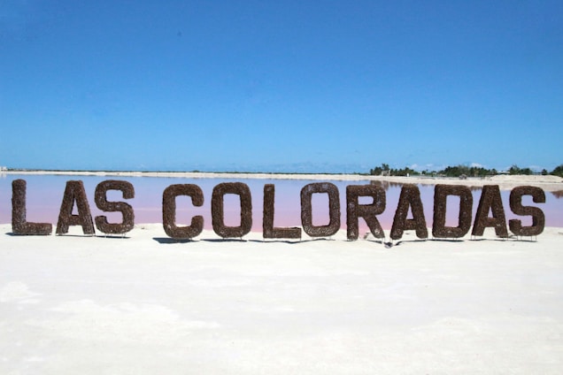 A large sign reading 'Las Coloradas' stands prominently on a sandy, white ground in front of a pastel pink body of water. The sky above is clear and blue, indicating a sunny day. In the distance, there is a line of greenery along the horizon.