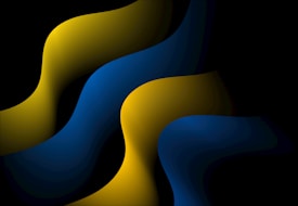 A series of smooth, flowing curves intertwine in a wave-like pattern with rich gradients. The colors are primarily deep blue and vibrant yellow against a stark black background, creating an abstract and dynamic visual.