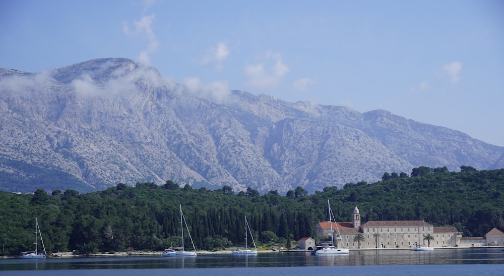 a lake with a mountain in the background