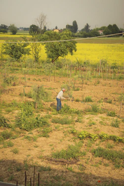 Portrait of Alfredo Garcia working in a lush green field under a clear blue sky.