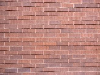 A wall constructed with uniformly sized brownish-red bricks arranged in a horizontal pattern. The brick texture is visible, with slight variations in color and surface detailing on each brick.