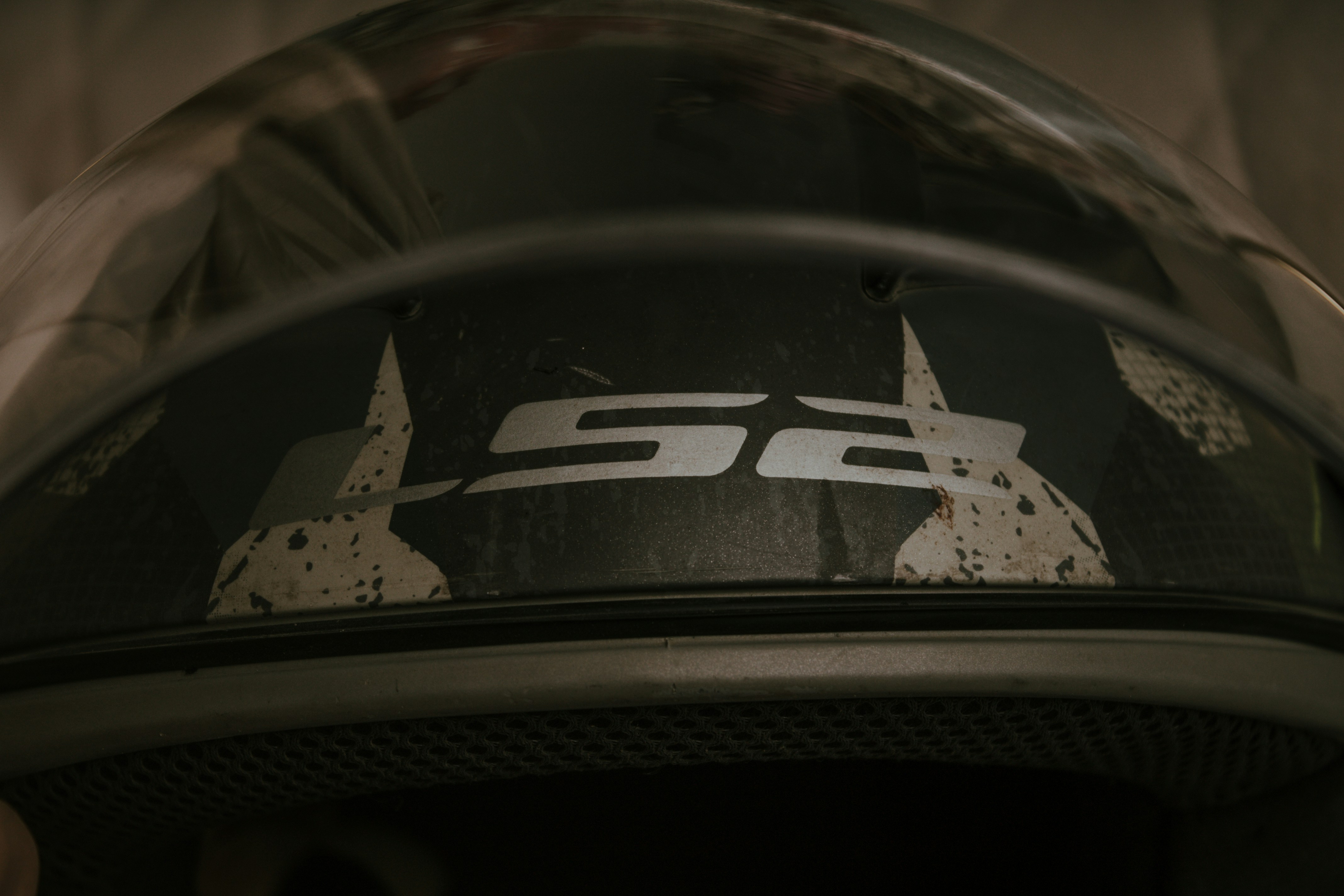 a close up of a helmet with a number on it