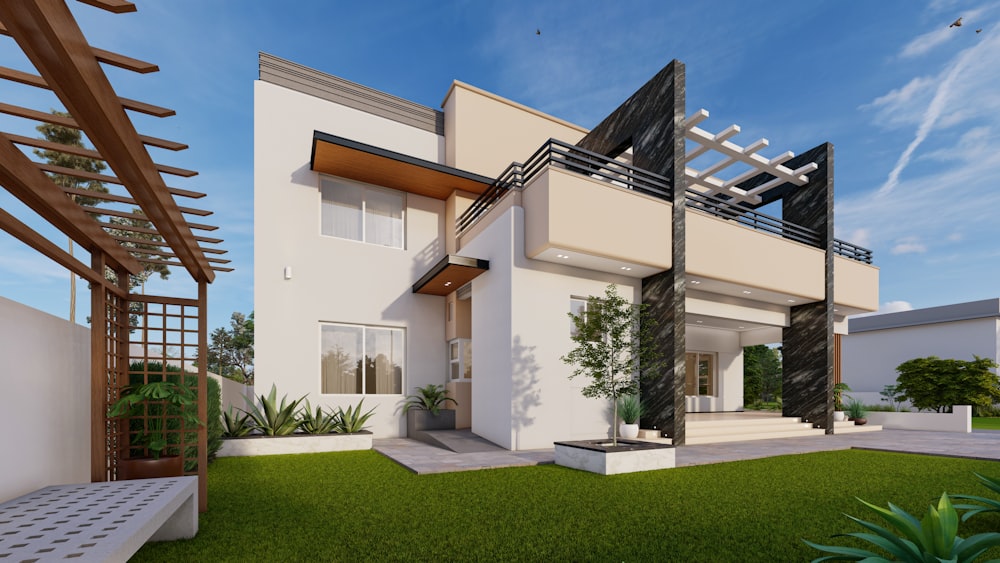 a 3d rendering of a modern house with a pergolated roof