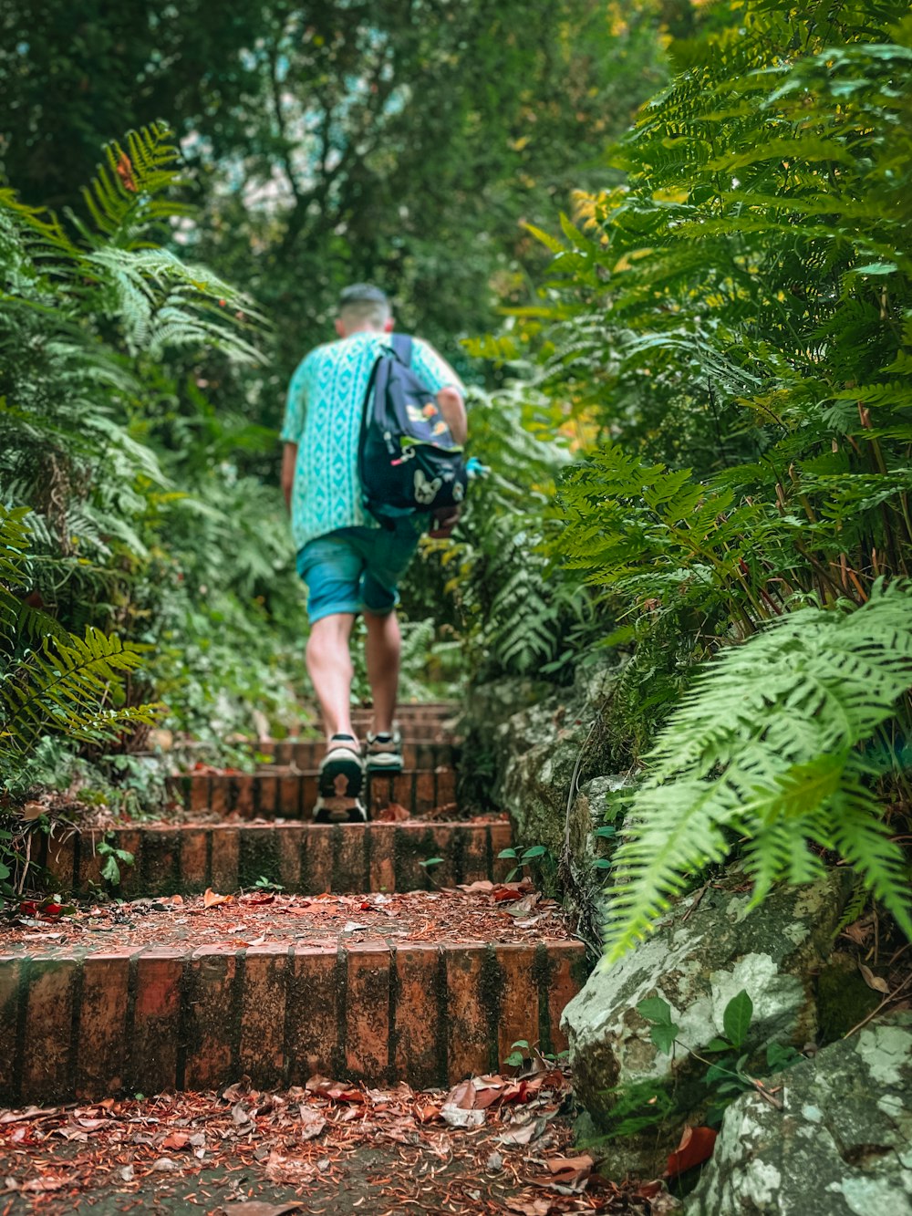 a man walking up some steps in the woods