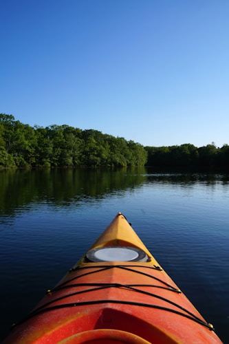 A brightly colored kayak gently floats on a serene body of water. The kayak is orange and dominates the lower center of the image, with its pointed bow leading towards a lush, green forest in the distance. The sky is clear and blue, creating a calm, peaceful atmosphere.