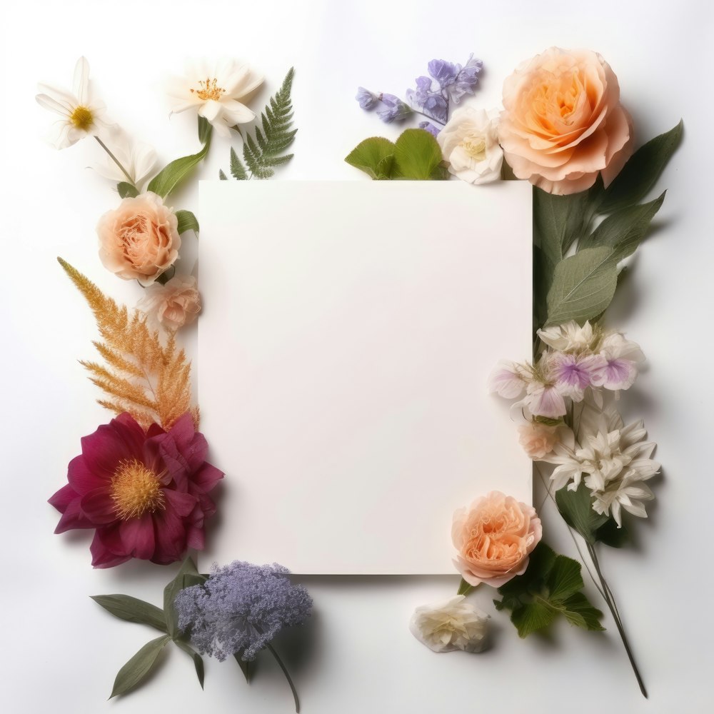a white sheet of paper surrounded by flowers