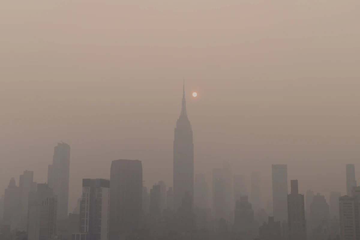 Smoky haze over a city skyline