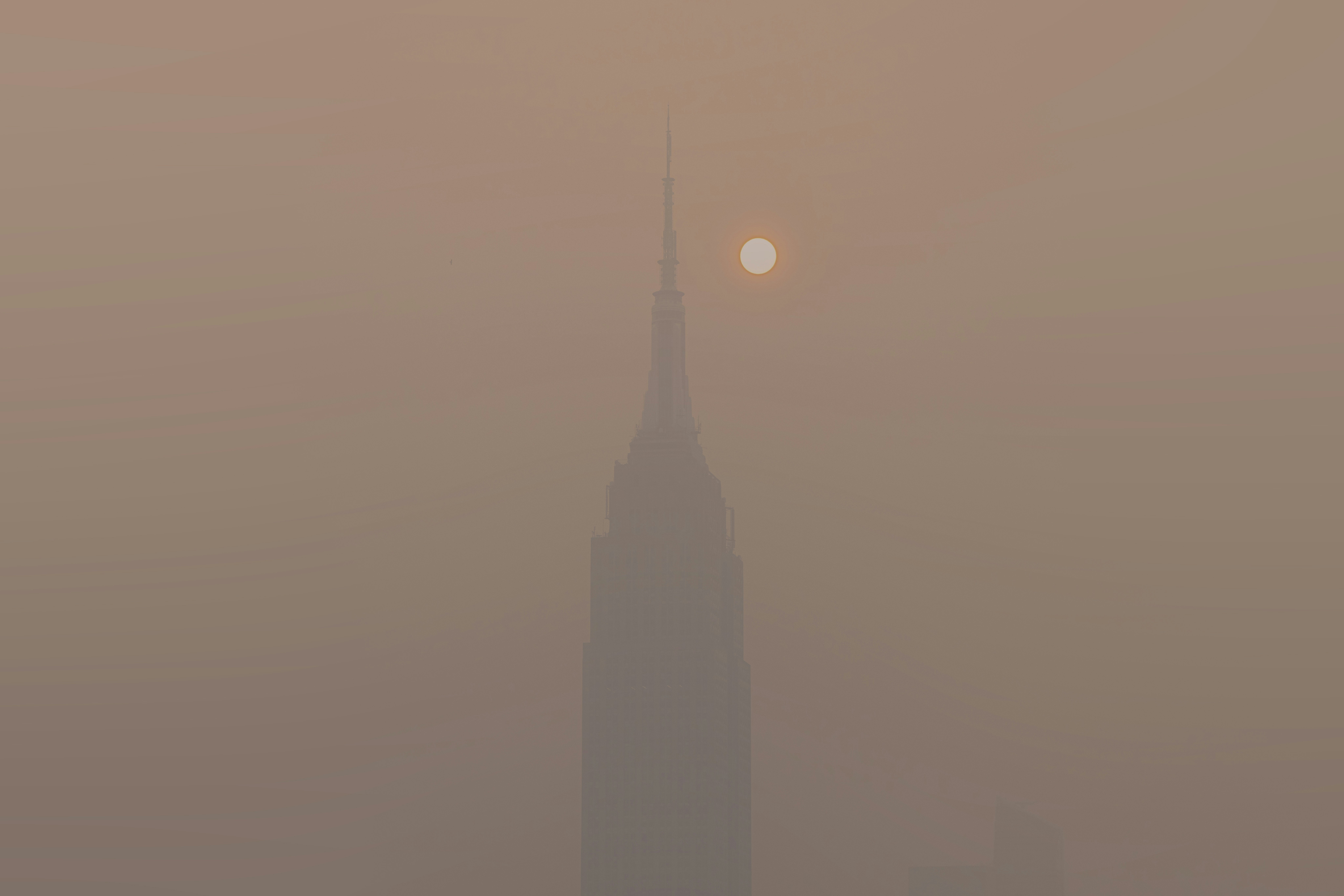 a foggy skyline with a tall building in the distance