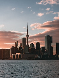 a large body of water with a city in the background