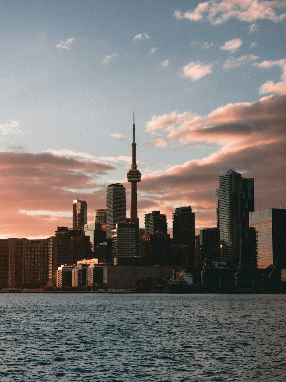 a large body of water with a city in the background