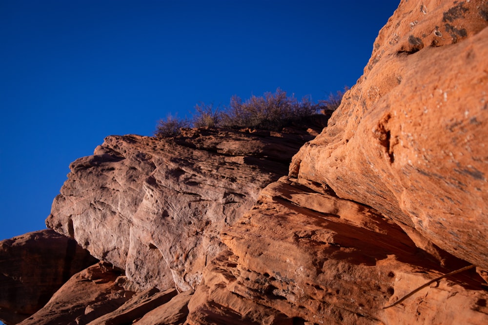 a person climbing up a rock face on a sunny day