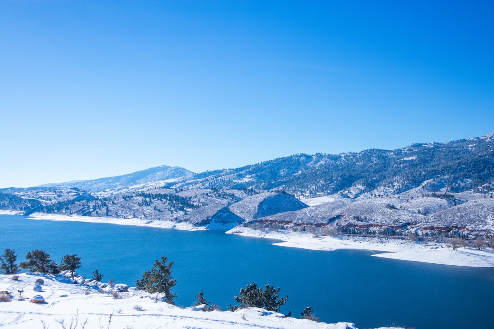 a large body of water surrounded by snow covered mountains