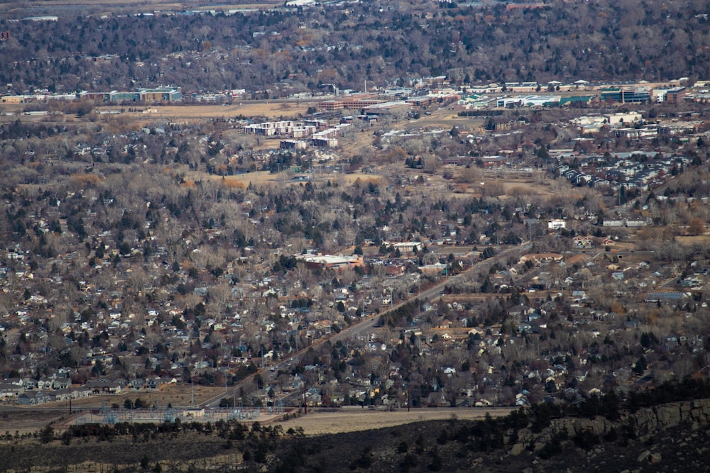 an aerial view of a small town surrounded by trees