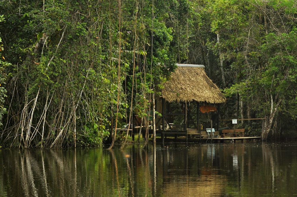 a hut in the middle of a lake surrounded by trees