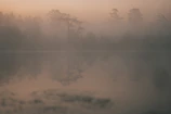 Soft glowing mist over a calm lake at dusk with reflections of purple and blue hues