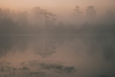 Soft glowing mist over a calm lake at dusk with reflections of purple and blue hues
