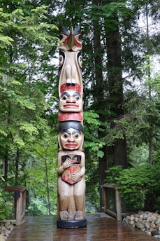 A serene forest background with a tall totem pole standing proudly.