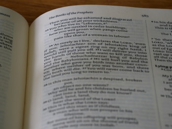 An open book displaying a page with religious text under the heading 'The Books of the Prophets.' The page contains verses that include mentions of Lebanon, Jehoiakim, and Nebuchadnezzar. The text layout is in two columns, with a line number visible at the top right.