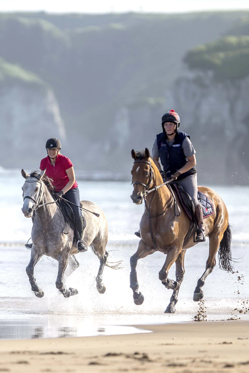 Two people riding on the beach
