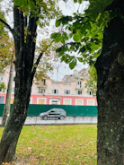 A partially collapsed building is seen with a green fence in front of it. There is a parked dark-colored SUV on the street, and a green lawn with fallen leaves appears in the foreground, framed by two large trees with some green leaves.