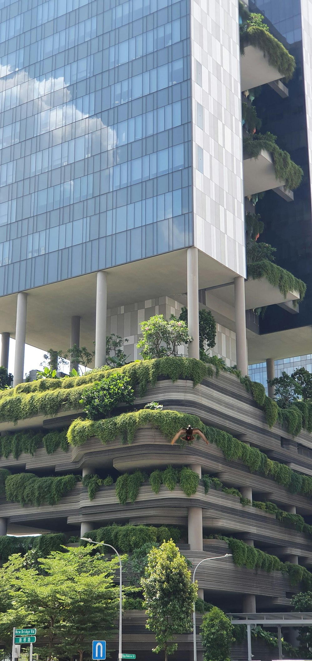 a very tall building with a bunch of plants on it
