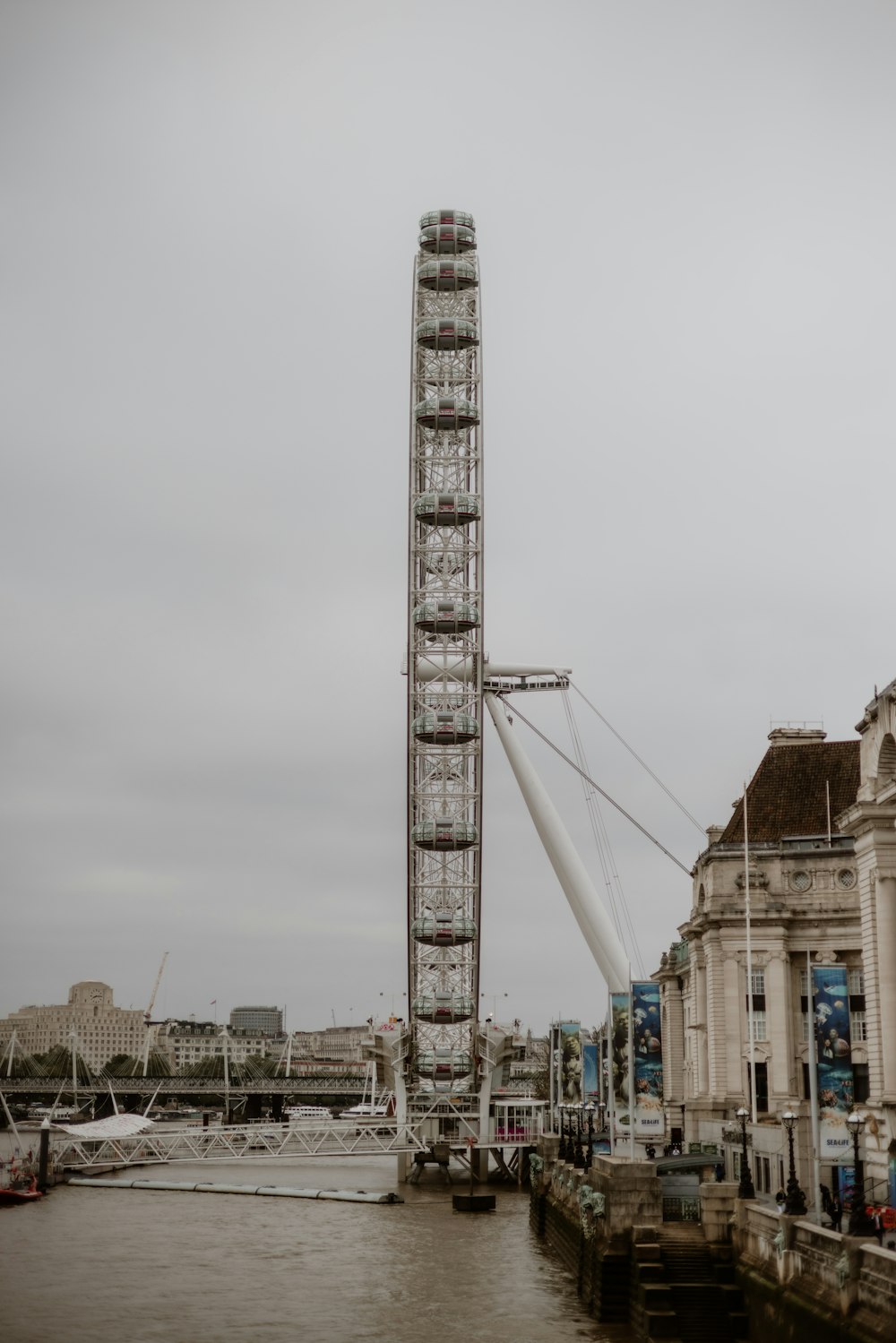 a ferris wheel sitting on top of a river next to tall buildings