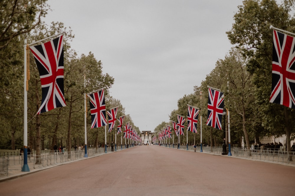 a road with a lot of flags on it