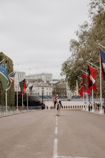 A ceremonial guard on horseback wearing a red uniform is riding down an empty, wide road lined with international flags. Historic buildings surround the area, and there are some trees and people in the distance.