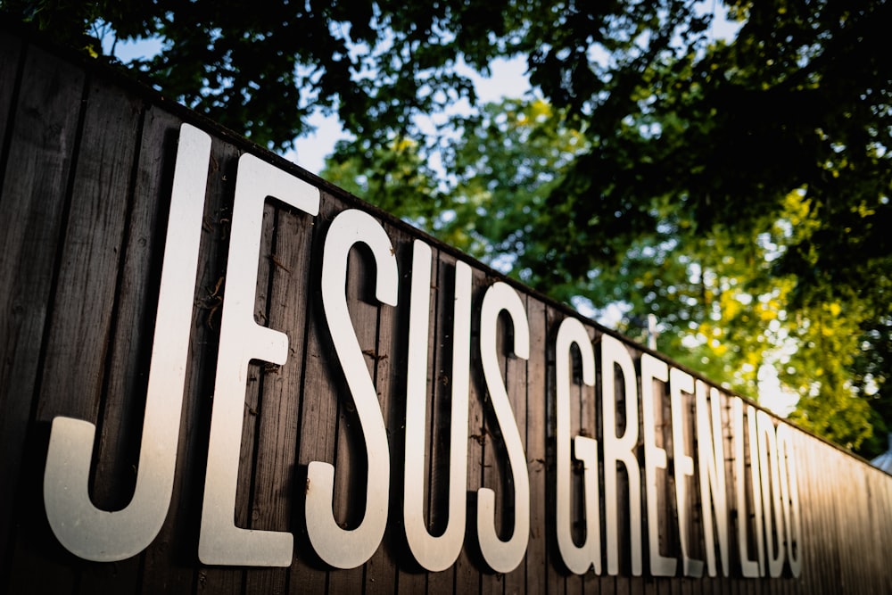 a close up of a sign with trees in the background